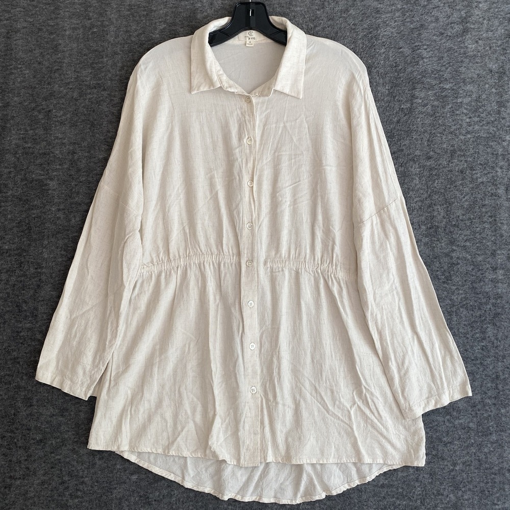 P Cill Tunic Top Womensโ S Beige Linen Blend Button Cinched Oversized Lagenlook